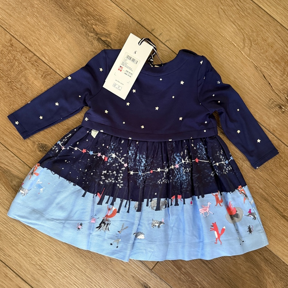 Joules Navy Baby Party Dress with Animal Motif and Metallic Star Details